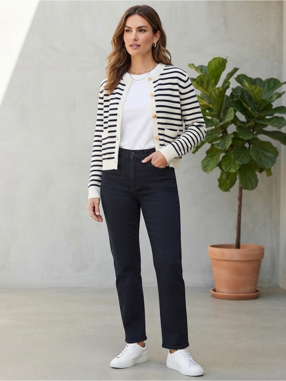 J.Crew Ivory Navy Blue Striped Emilie Cotton Lady Jacket Cardigan Small